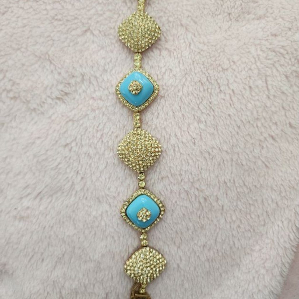 Joan Vass Designer Gold Crystal And Turquoise Link Bracelet